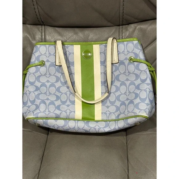 Coach Signature Monogram Tote Bag Blue Green White Leather Trim 15" by 11" - Picture 1 of 11